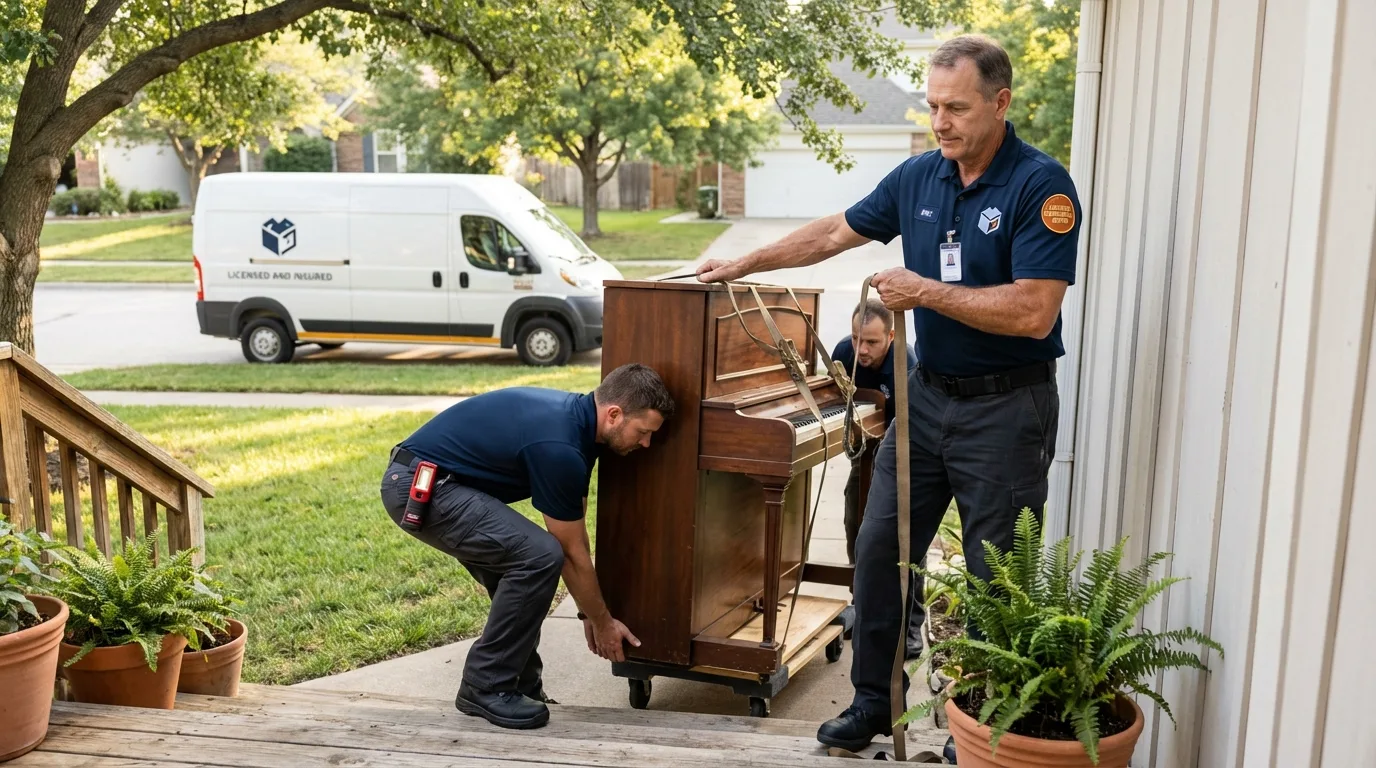 Licensed piano movers securing grand piano in Mead, CO