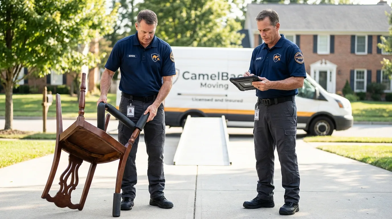 Movers inspecting furniture for damage prevention before loading in Mead, CO